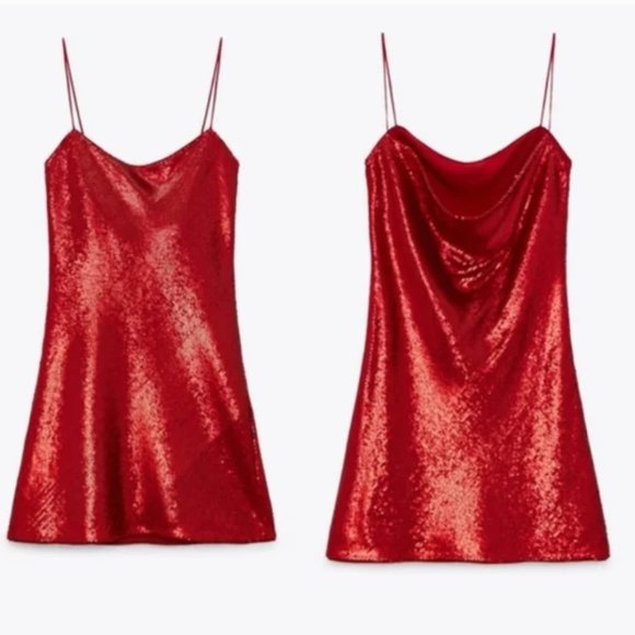 ZARA Red Sequin Cowl Back Spaghetti Strap Mini Dress Size M NEW WITH TAG! - Picture 6 of 9